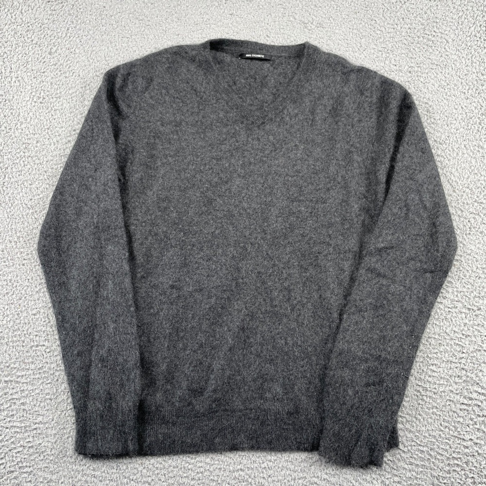 100% Cashmere Sweater Mens L Gray V-Neck Long Sleeve Pullover Knit
